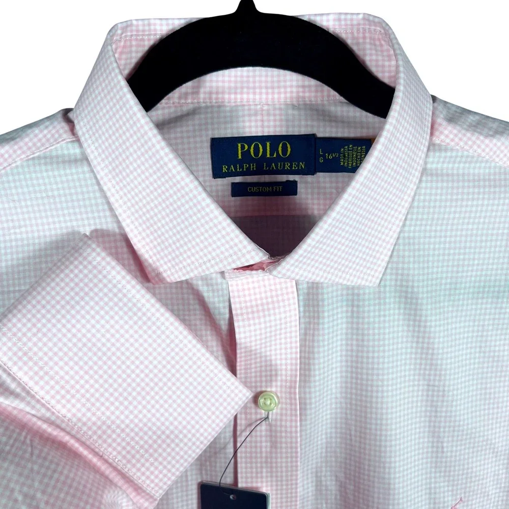 Polo Ralph Lauren Button Up Men's 16.5 Pink White Gingham Custom Fit Dress Shirt